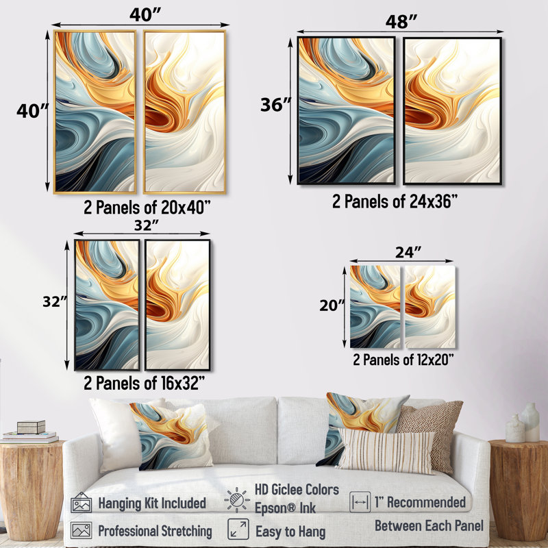Vague rétro bleue et orange élégance II - art mural moderne, Black, 36" H x 48" W, Impression encadrée flottante