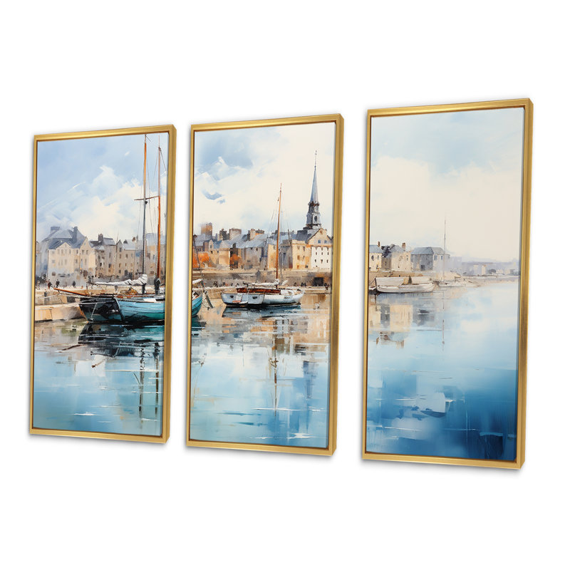«Normandie French Port Landscape - France», ensemble d'art sur toile, Cadre flottant doré, H 32 po x l 48 po x P 1 po