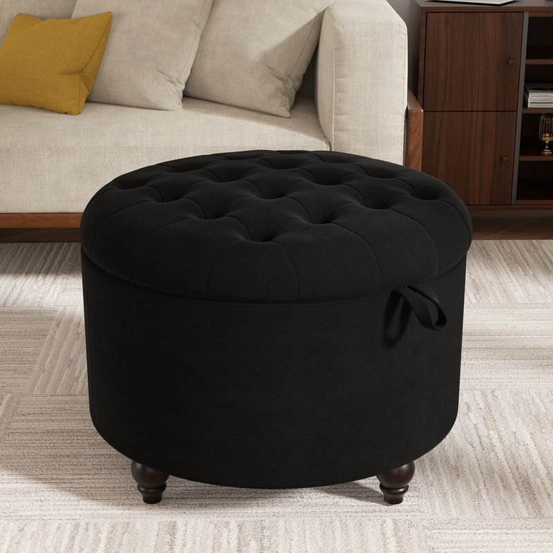 Button-Designed Upholstered Ottoman With Storage, Black