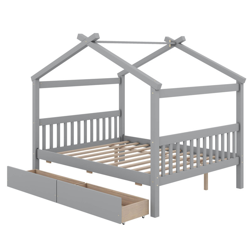 Wooden House Bed With Drawers, Full, Gray