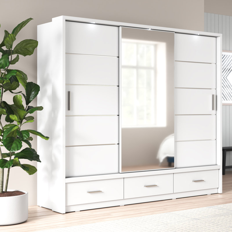 Deming 3 Door Solid + Manufactured Wood Wardrobe, White Matt