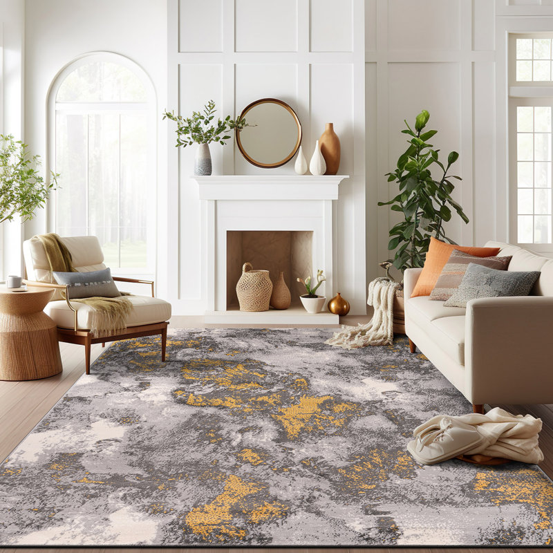 Mullenax Performance Gray/Yellow/Ivory Rug, Rectangle 5' x 7'