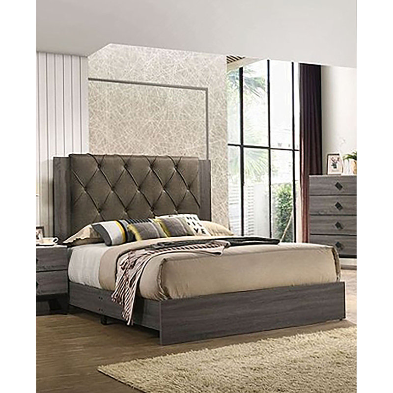 Lit EK Avantika en tissu et finition chêne gris rustique