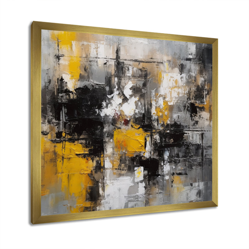 Encre liquide jaune gris captivant - art abstrait sur toile marbrée, H 36 po x l 36 po x P 1,5 po, Encadrement doré