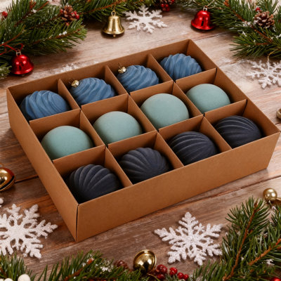 12-Pack Blue Grey Flocked Christmas Ornament Balls, 8Cm (3.15 Inches) For Holiday Tree Decor