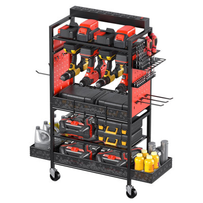 Garage Power Tools Organizer Cart With Charging Station, Floor Standing Rolling Drill And Tools Battery Storage Cart On Wheels. (Red)