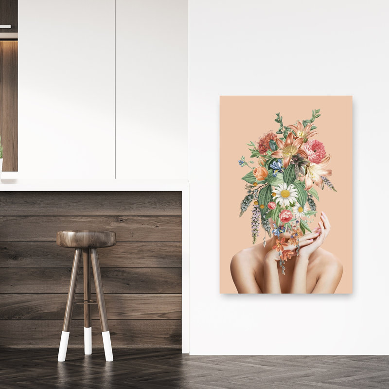 Floral Woman Portrait Delicate Dreamy Elegant Flower Nature Wall Art Print 1 Piece Wrapped Canvas Wall Art