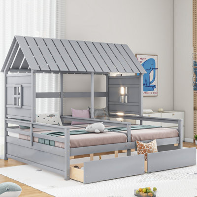 Twin Size House Platform Beds With Two Drawers For Boy And Girl Shared Beds, Combination Of 2 Side By Side Twin Size Beds