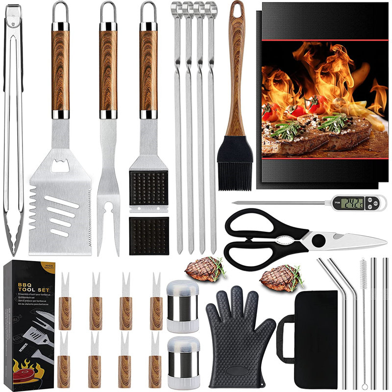 Ensemble d'outils de barbecue 31 pièces, Argenté / Brun