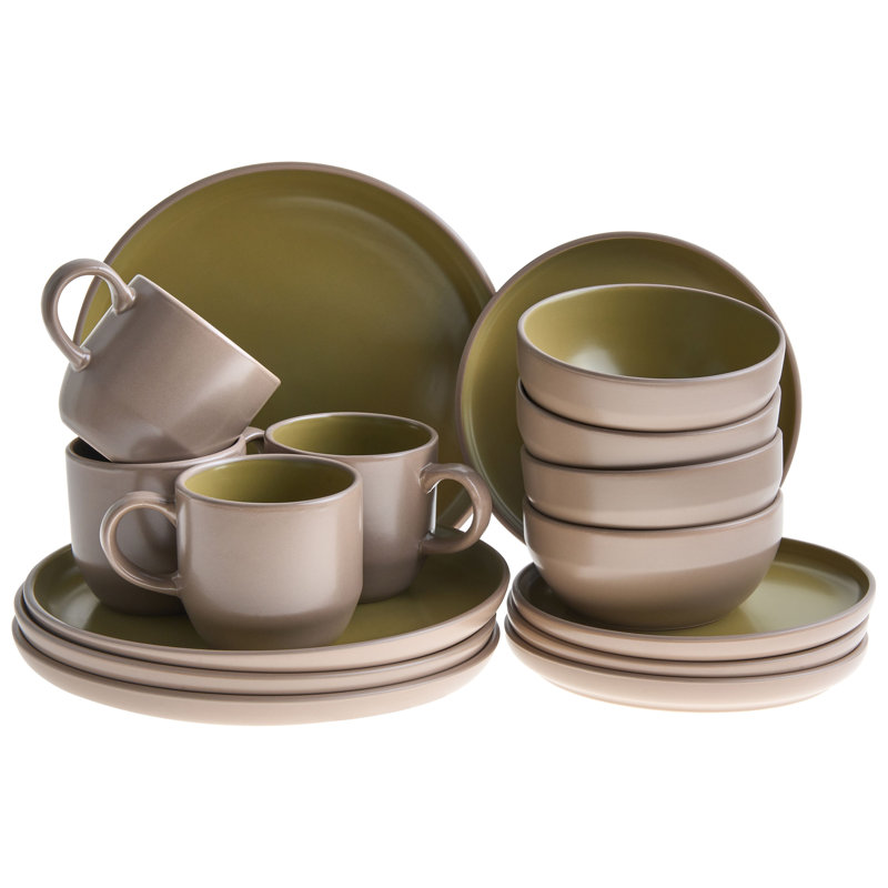 Stoneware Dinnerware - Service for 4, Beige/Green