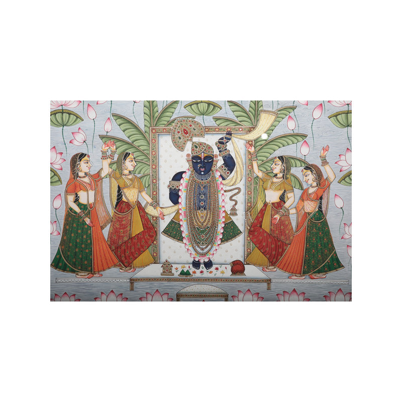 Shrinath ji avec les dévots - peinture Pichwai | Avec cadre | Couleur de la pierre sur soie | Par Kailash Chandra