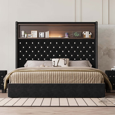 Structure de lit moelleuse en velours avec port USB et veilleuse, tête de lit avec rivet, lit plateforme à oreilles avec tablette de tête de lit