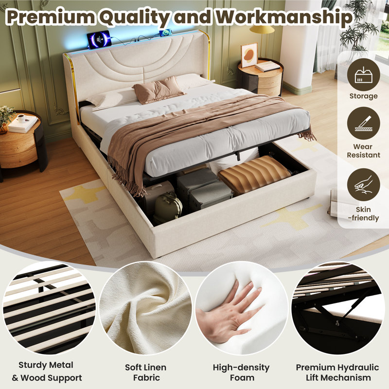 Estella Beige Linen Upholstered 5Ft King Bed Frame With Hydraulic Storage, LED Headboard With Charging Station And Chrome Trim, USB And Type-C Ports  (No Mattress)