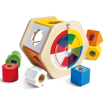 Hape: Wooden Wonder Shape Sorter - Rainbow Sorting Play Toy, 6 Multi-functional Blocks, Moving Colour Wheel, Bungee Cord Side, Baby-Toddler-Kids Age 1+