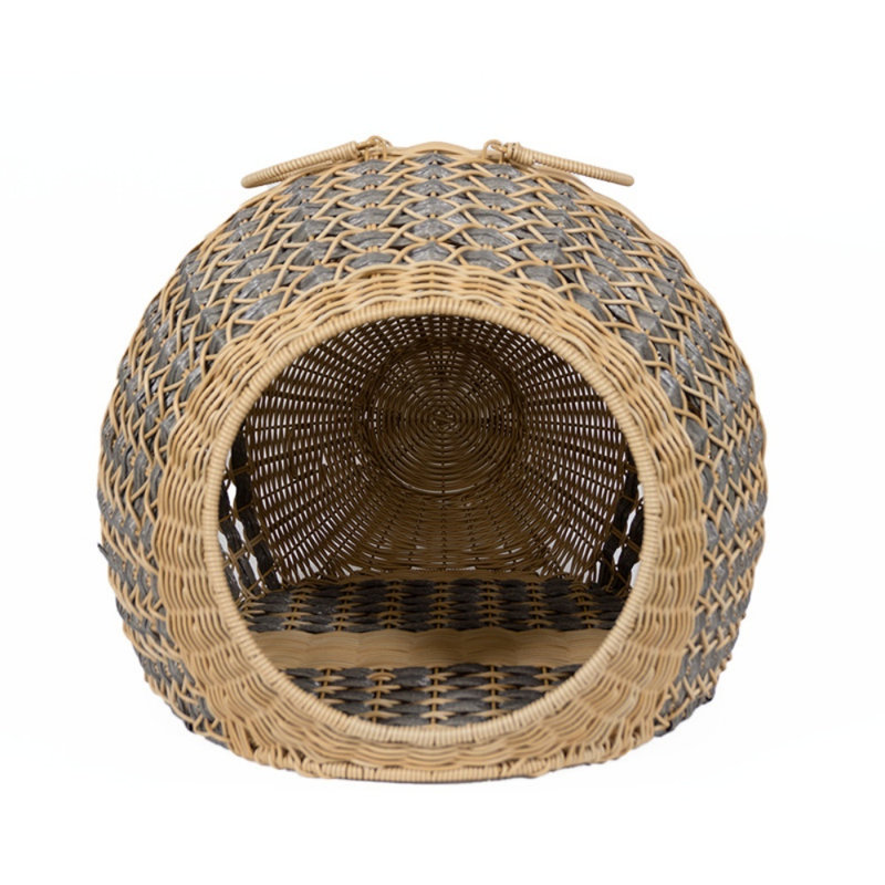 Maison de chat semi-fermée tissée à la main avec coussin, style igloo douillet pour chat et petits chiens