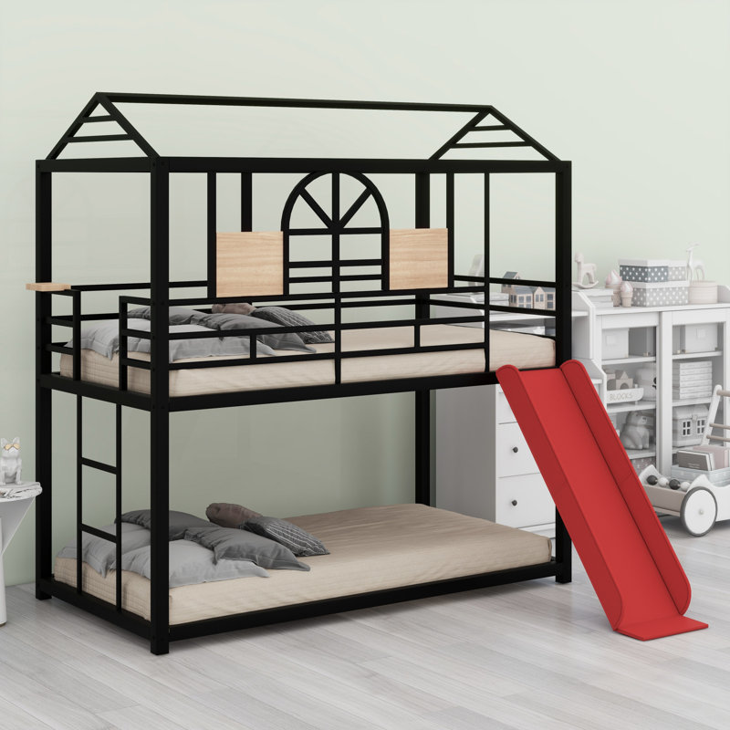 Metal House Bunk Bed With Slide, Black/Red
