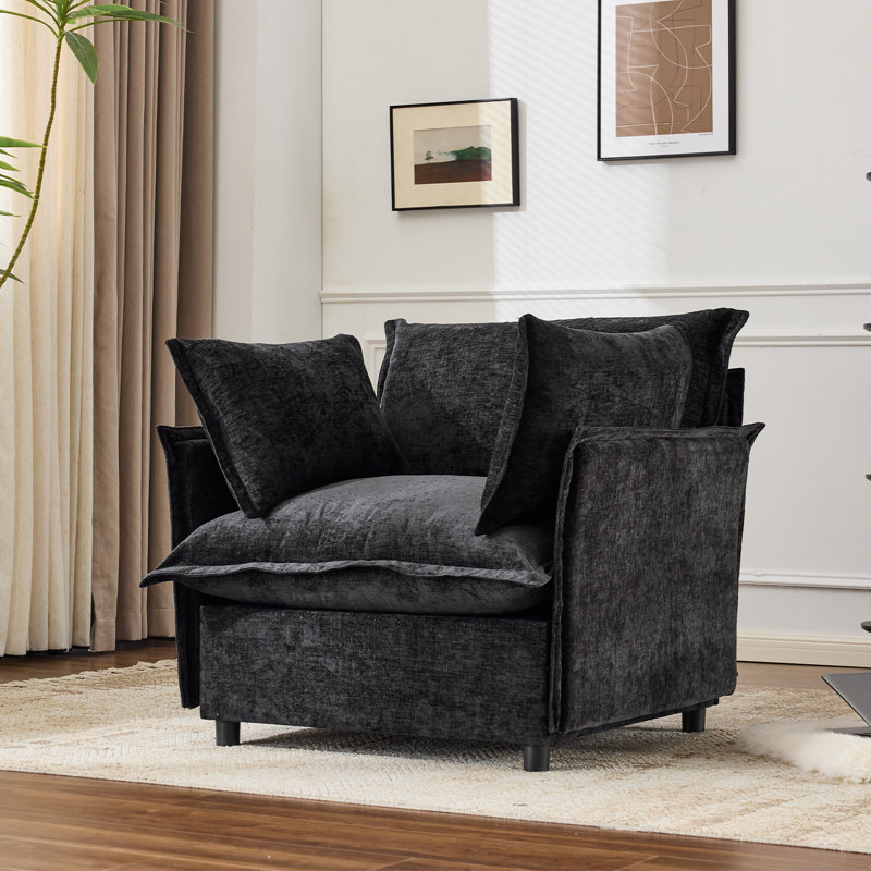 Chenille Upholstered Skirted Arm Chair Accent Chair  With Thin Arms For Living Room, Black
