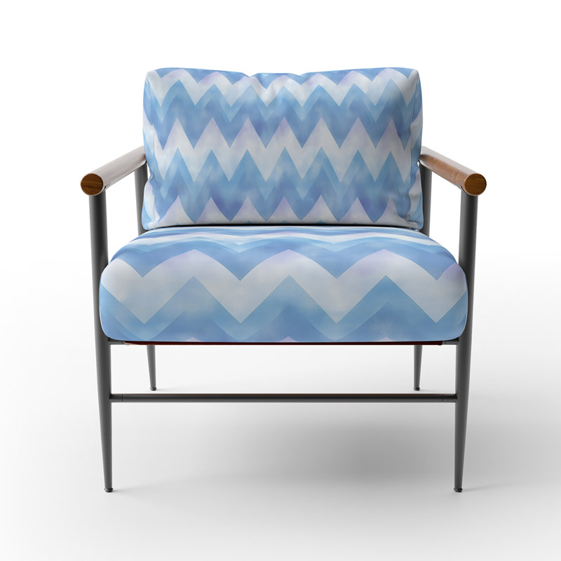 Chaise d'appoint Boho - Fauteuil bleu à chevrons bleu et blanc, Bras ronds bruns