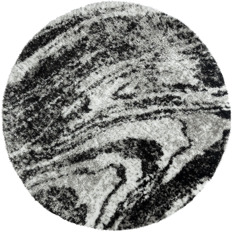 Tapis abstrait à poils longs noir / gris, Rond 4 pi 8 po