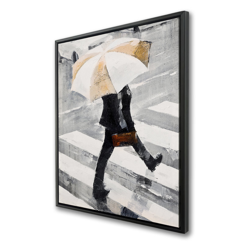 Man Walking with His Umbrella - Modern Framed Canvas Art