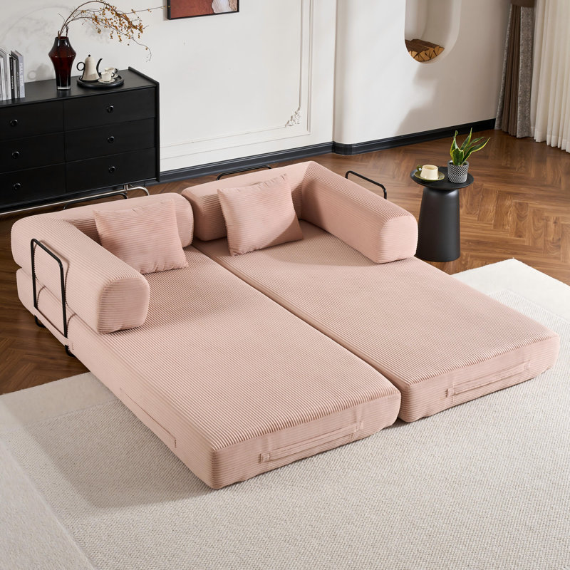  4-in-1 Convertible Compressed Sleeper Sofa Bed, Skin-Friendly Corduroy Fold Out Couch with 33D High Density Sponge, Reinforced Metal Frame No Assembly Sofa in a Box for Small Apartment