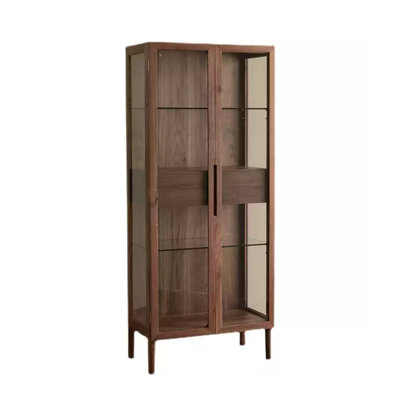 31.50" Modern Minimalist Brown Walnut Solid‑Wood 2‑Door Glass Wine Cabinet, Storage Bookcase & Tall Side Display Cabinet for Living Room