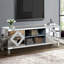 Meuble télé avec miroir de 65 pouces et plus, argent avec rangement ouvert et 2 armoires, support moderne pour accessoires de salon pour téléviseur, espace de rangement, caractéristique