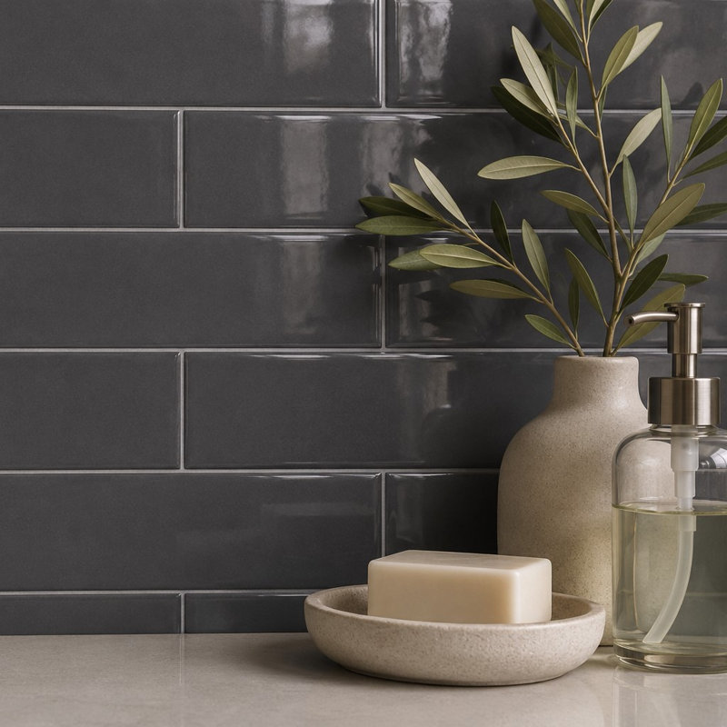 Curvaceous 3" x 12" Ceramic Wall Tile, Dark Gray