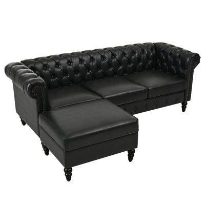 U-style 85" Modern 4-Seater L-Shaped Sectional Sofa with Storage Ottoman, Modular PU Leather Couch with Tufted Back, Rivet-Decorated Curved Armrests a