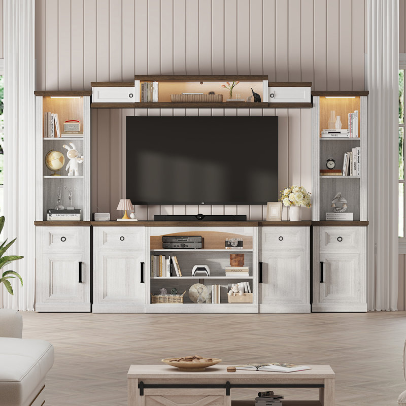 Farmhouse 4-piece Entertainment Wall Unit With Tv Stand, Bookshelf & 70" Floating Cabinet, Adjustable Shelves, European-style Doors, And Motion-sensing Led Lights — Fits Tvs Up To 75" For Modern Living Rooms And Wine Cabinet Display Cabinet