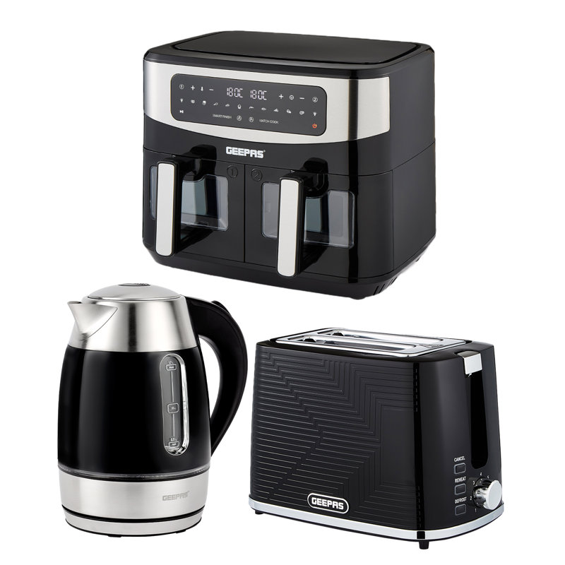 GEEPAS 1.7L Illuminating Electric Kettle 2 Slice Bread Toaster & 9L Dual Zone Air Fryer Kitchen Combo Set | 2200W Rapid Boil Cordless Jug Kettle | 900W Toaster | 9L XL Capacity, Oil Free Fryer
