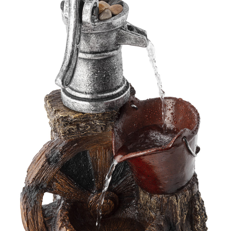 Outdoor Tiered Barrel Fountain with Old-Fashioned Pump, 24", Brown