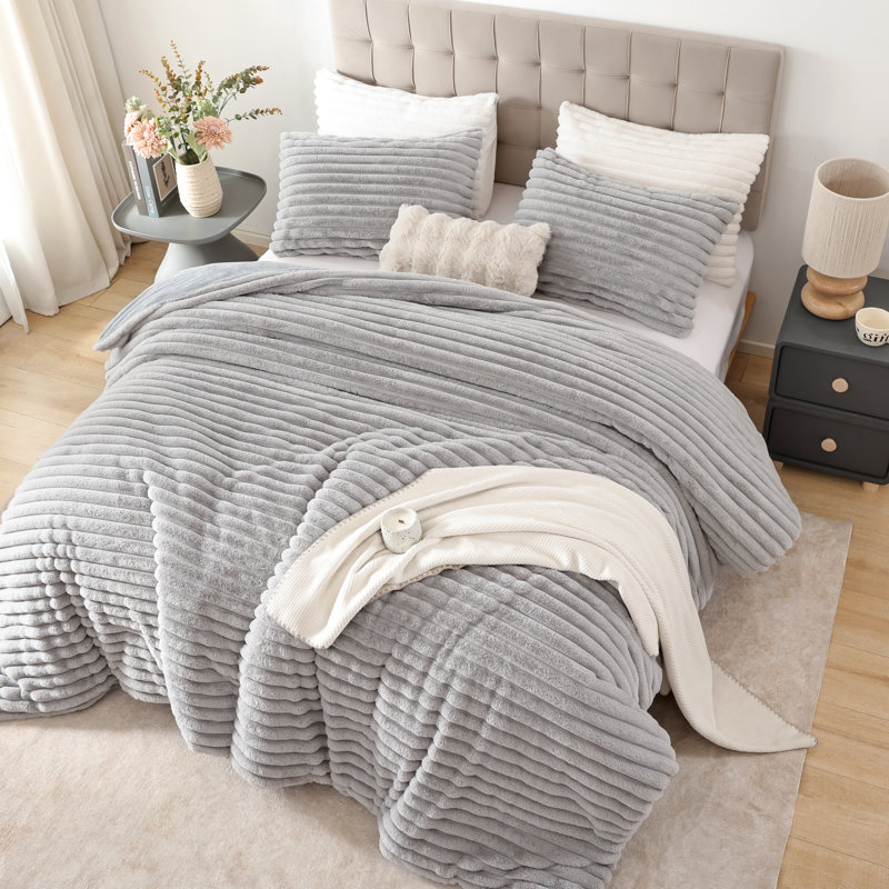Fluffy Comforter Set 2 Pieces- All Seasons Heavy Faux Fur Comforter With One Pillowcase, Gray