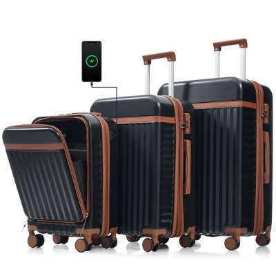 Luggage Set Of 3, 20Inch With USB Port, Front Opening Design Airline Certified Carry On Luggage, ABS Hard Shell Luggage With Spinner Wheels,Black