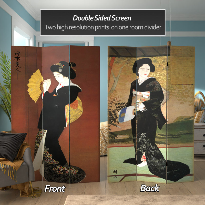 72" x 48" Double Sided Japanese Ladies 3 Panel Room Divider