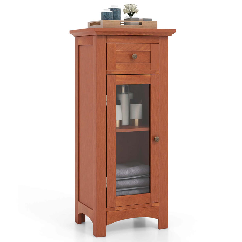 Bathroom Floor Cabinet With Single Glass Door Drawer & Adjustable Shelf, Brown