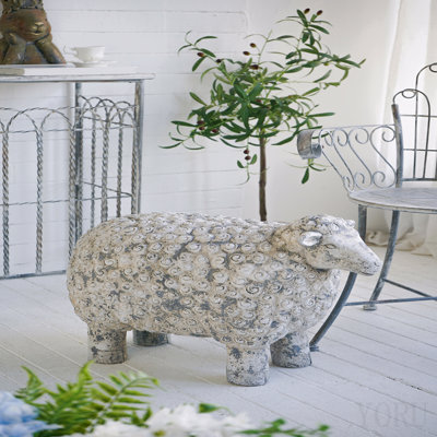 Figurine de mouton en magnésium (65,5 x 33,5 x 46 cm) avec finition blanche et grise patinée, décor de jardin vintage