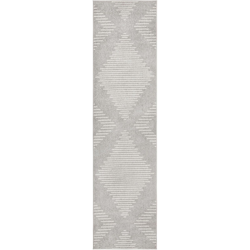 Tapis géométrique gris / ivoire en polypropylène tissé à la machine, Tapis de couloir 2 pi 7 po x 10 pi