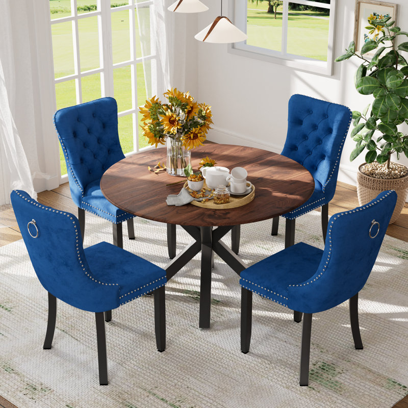 Ensemble de table et chaises de cuisine rondes pour 4, Noir, noir, noir, noir, Bleu / Noir