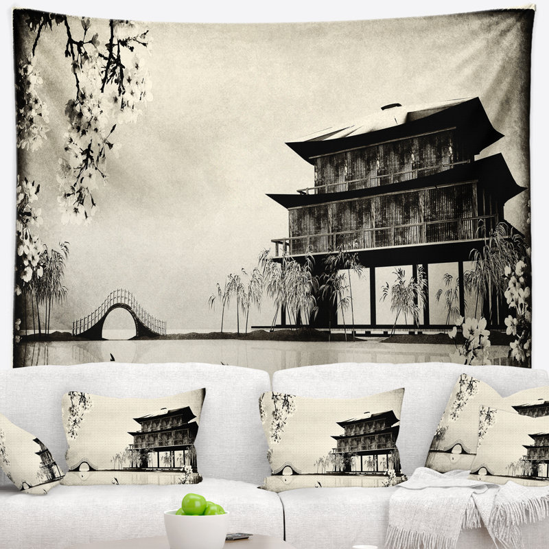 Tapisserie de peinture à l'encre de chine de paysage, H 32 po x l 39 po