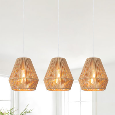  (Ensemble de 3) Luminaire suspendu bohémien à 1 lumière de 7 pouces avec abat-jour en rotin naturel fabriqué à la main pour la salle à manger salon chambre à coucher 