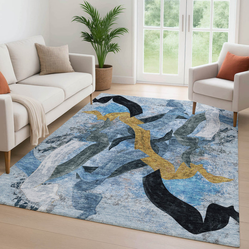 Premium Machine Washable Mayfield AMF2191 abstract Rug, Denim, 2'6" x 3'10"