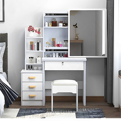 Fashion Vanity Desk With Mirror And Lights For Makeup And Chair,Vanity Mirror With Lights And Table Set With 3 Lighting Brightness Adjustable,4 Drawers,White