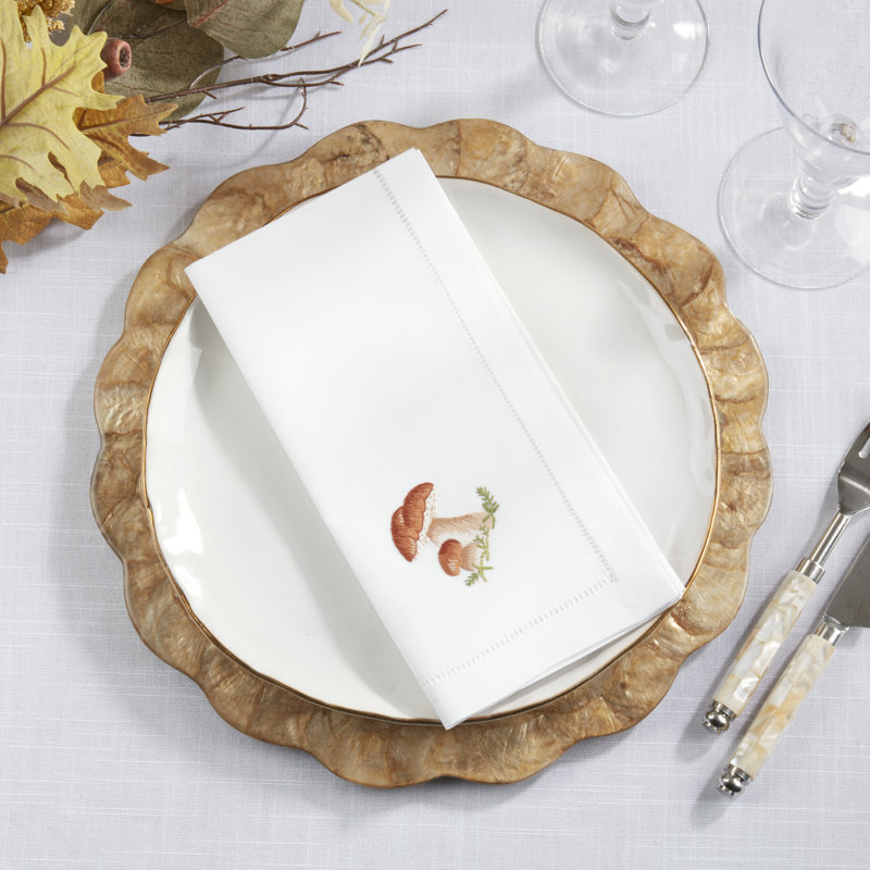 Serviettes décoratives en coton brodé champignon (ensemble de 6) - bordure ajourée avec motif champignon des bois, 20 po x 20 po