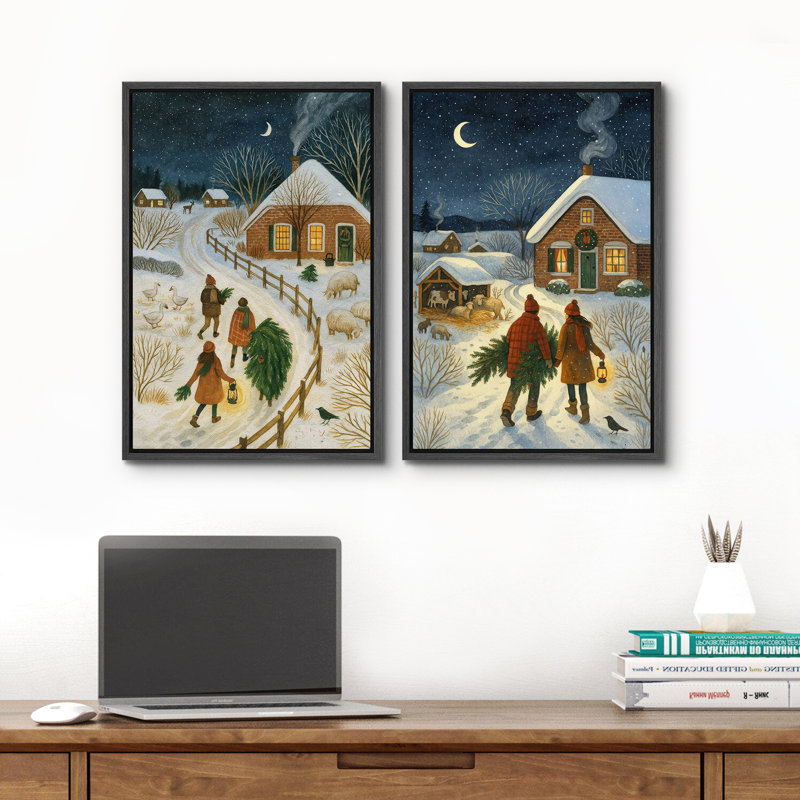 Hiver, impression sur toile encadrée, ensemble de 2 décorations murales de Noël, Noir, H 24 po x l 32 po