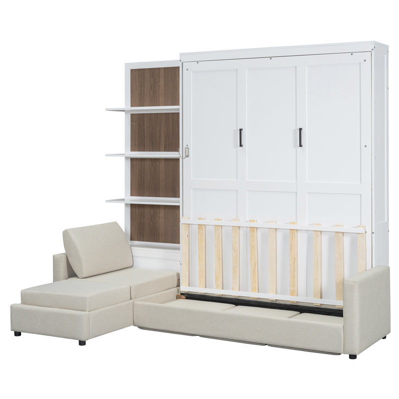Queen Size Murphy Wall Bed with Sofa & Shelves – Space-Saving White Wood Bed for Kids & Teens Bedroom, White