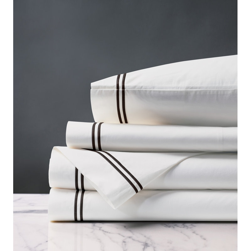 Enzo Egyptian Cotton Percale Sheet Set, White/Black, Queen Sheet Set + 1 Pillowcase
