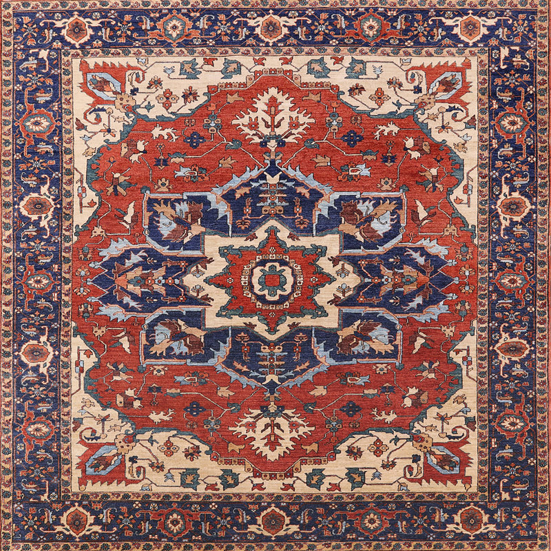 Tapis oriental rouge / ivoire / bleu, Carré 3 pi