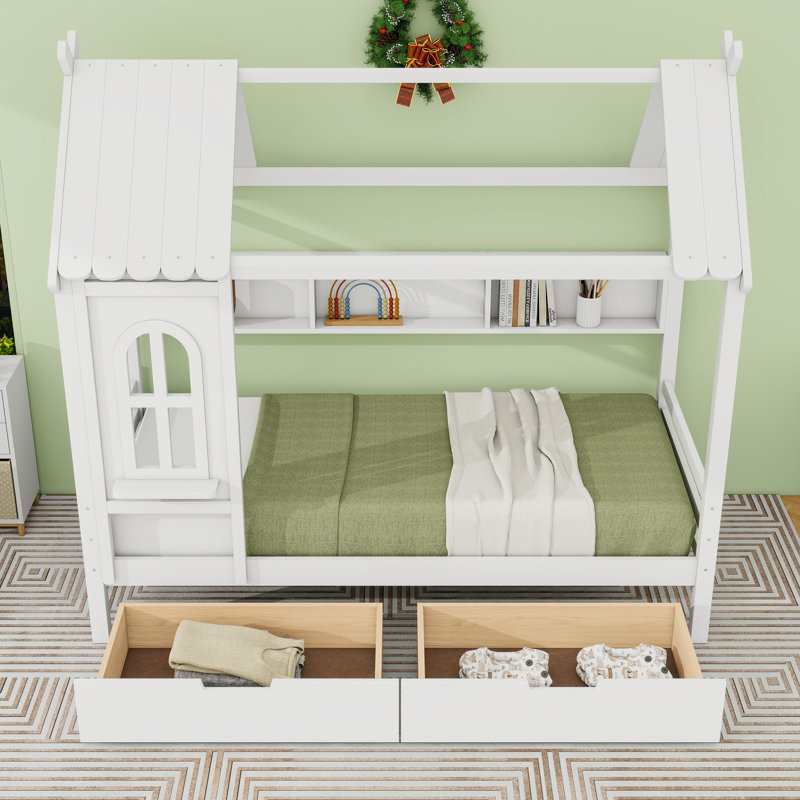 Lit plateforme en bois 2 tiroirs avec tablettes et toit, Simple, Blanc