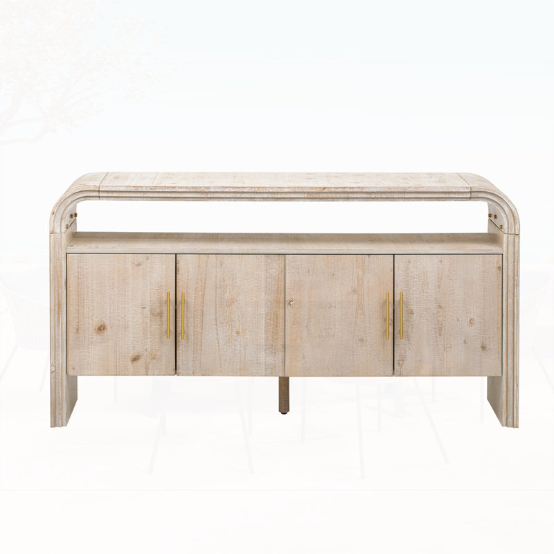 4-door Elegant Console Table With Natural Embossed Texture, Curved Edge And Metal Handles, Natural Wood